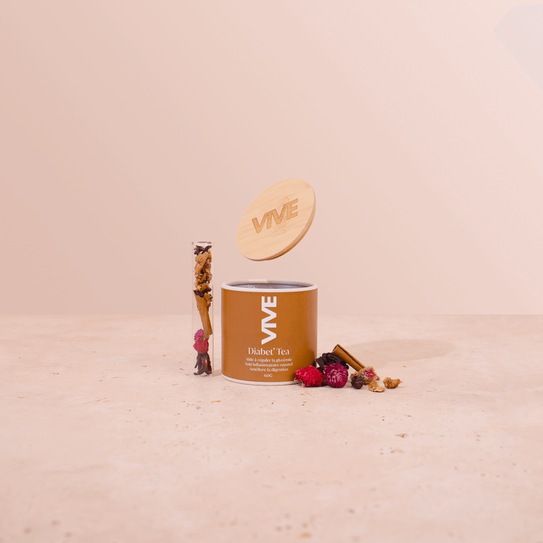 Boîte de Diabet' Tea ouverte avec ingrédients naturels, infusion pour équilibre glycémique sur fond neutre.